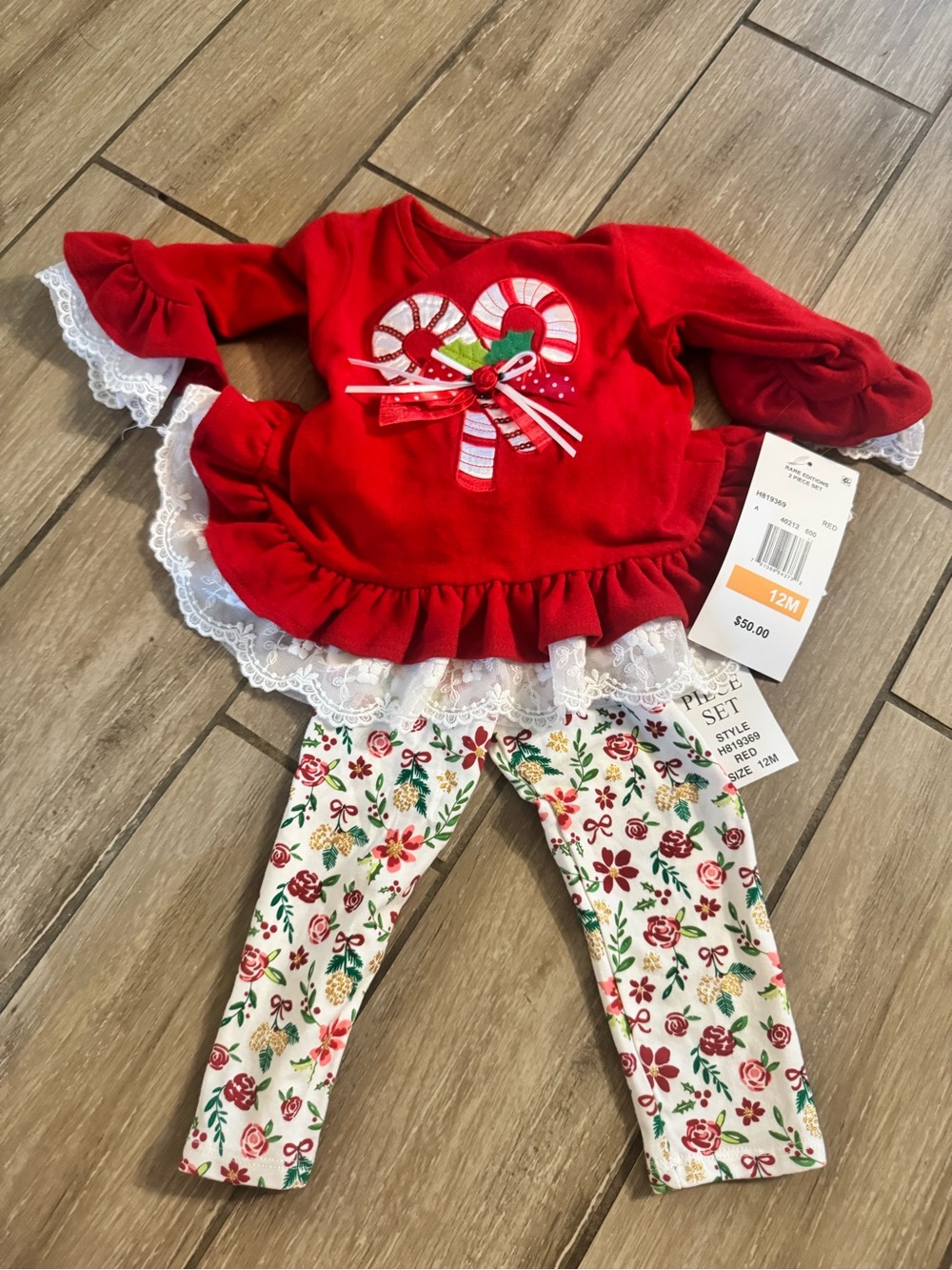 Rare Editions Red Candy Cane Two-Piece Holiday Outfit with Floral Leggings